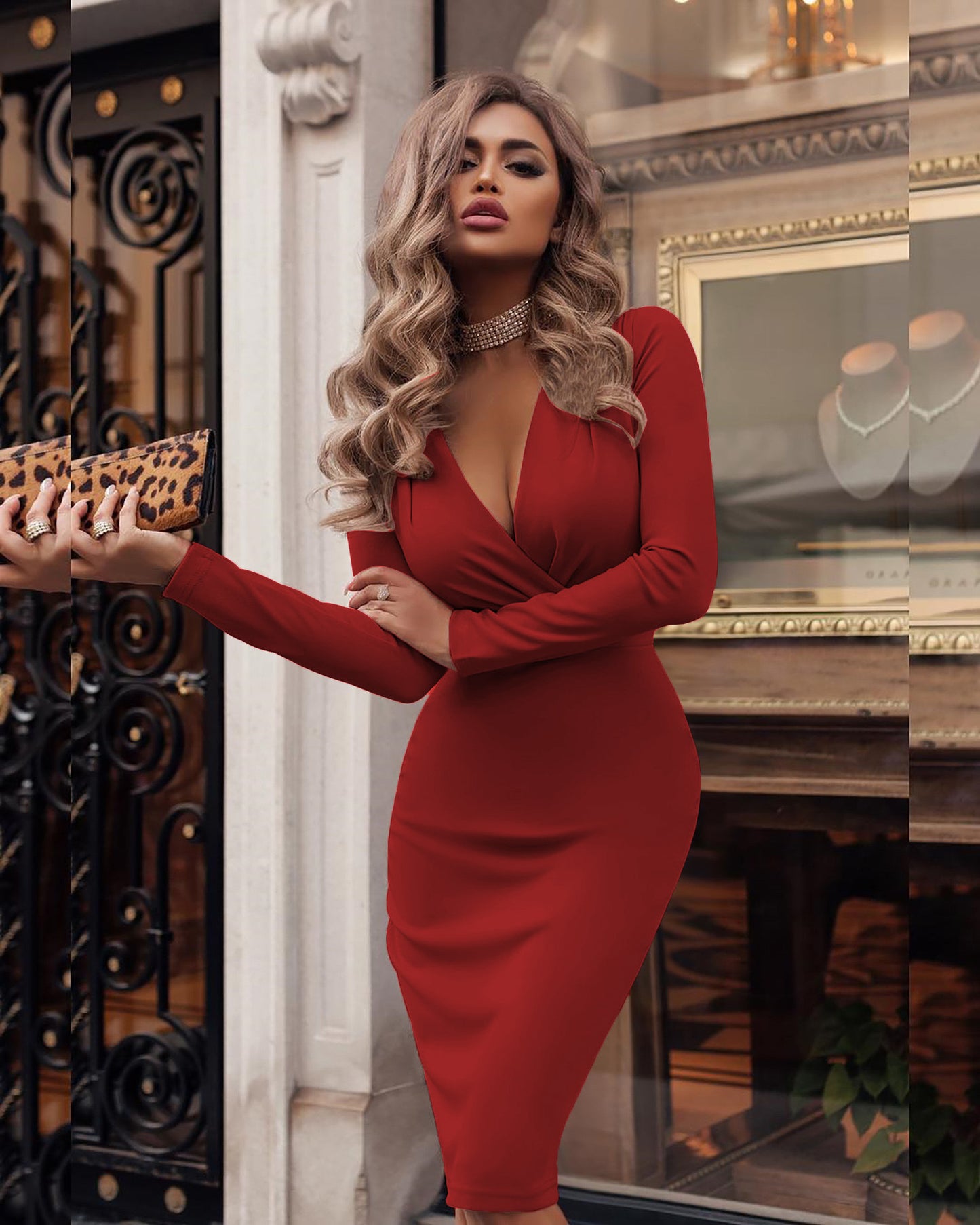 Amazon's new women's dress wish Hot fall/winter long sleeved skirt with deep V pleated hips is now available