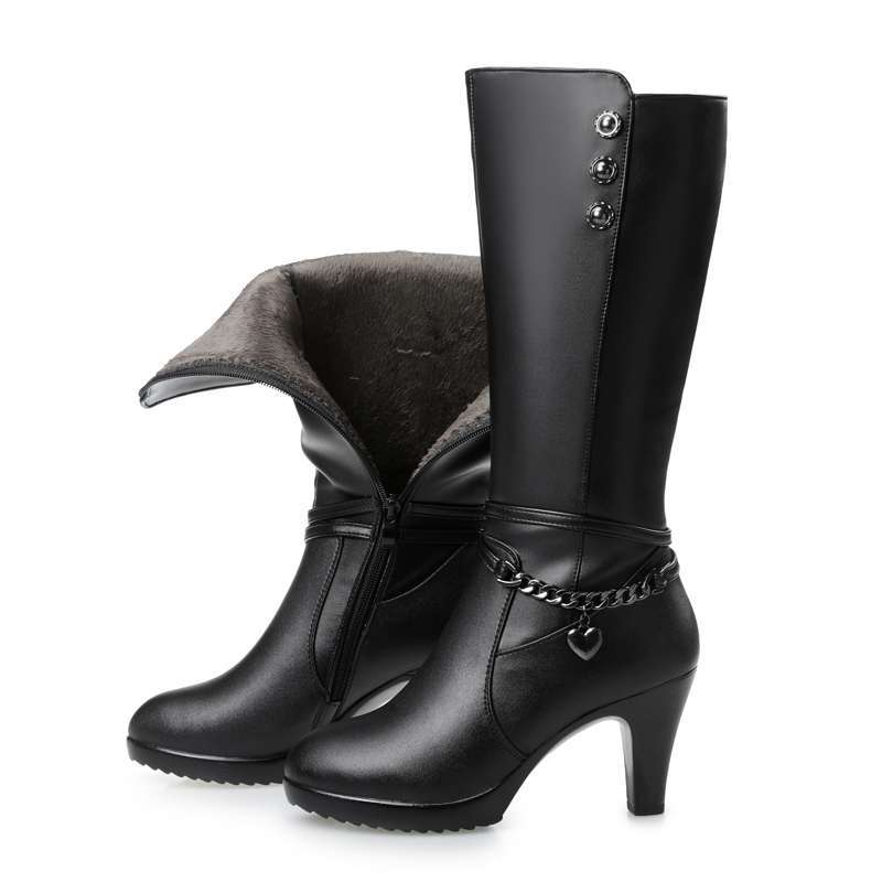Woman Boots High-heeled Genuine Leather Motorcycle Boots Thick Wool Warm Winter Boots