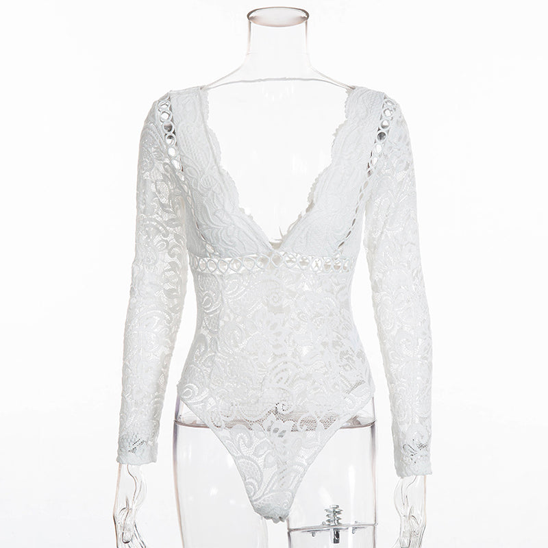 Bodysuit Women Long Sleeve Sexy Deep V Neck Scalloped Backless White Lace Bodysuit Body Women One Piece Bodycon Tops