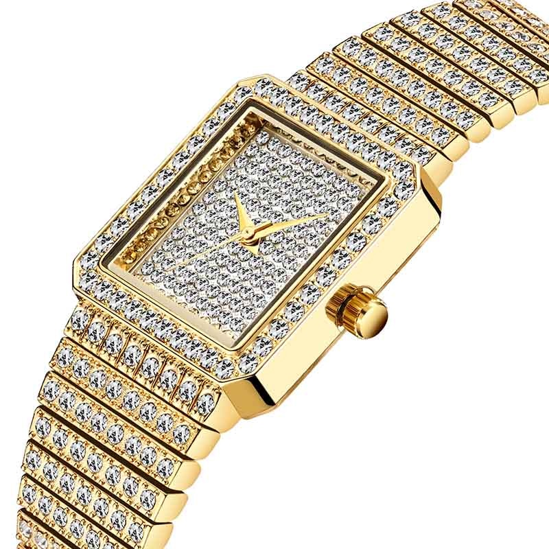 MISSFOX 2689 Diamond Watch For Women Luxury Brand Ladies Gold Square Watch Minimalist Analog Quartz Movt Unique Female Iced Out Watch