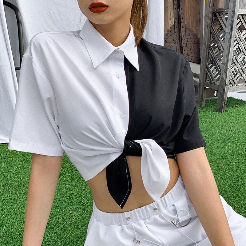 Black White Patchwork T Shirt Women Tops Spring New Casual Street Short Sleeves Lapel Simple Tees Femme Outfits