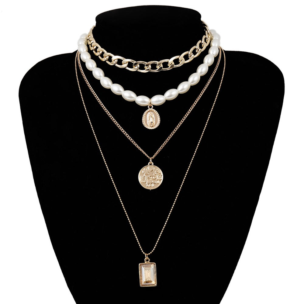 Punk Multi Layered Pearl Choker Necklace Collar Statement Virgin Mary Coin Crystal Pendant Necklace Women Jewelry