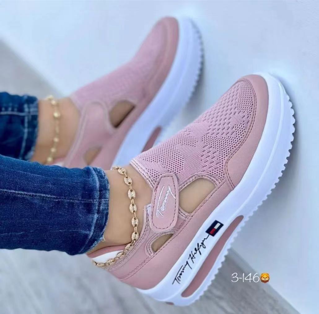 2022 Europe and America new independent station large size foreign trade casual single shoe women fly woven wedge heel Velcro net surface women's shoes
