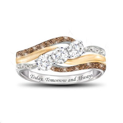 Europe and America Hot Sale Fashionable Personalized Letter Set Crystal Two-Tone Women's Wedding Ring
