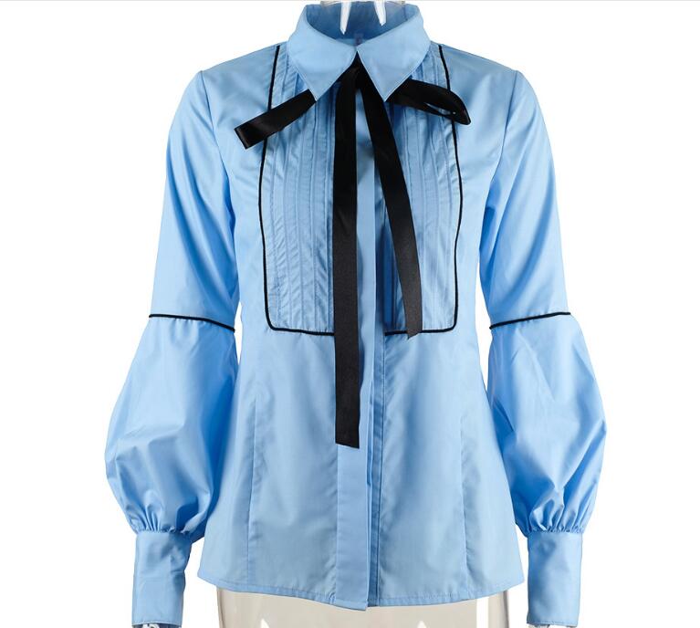 Office Bow Tie Blouse Women Lantern Sleeve White Button Necktie Shirts Female Elegant Work Shirt Casual Tops New Spring