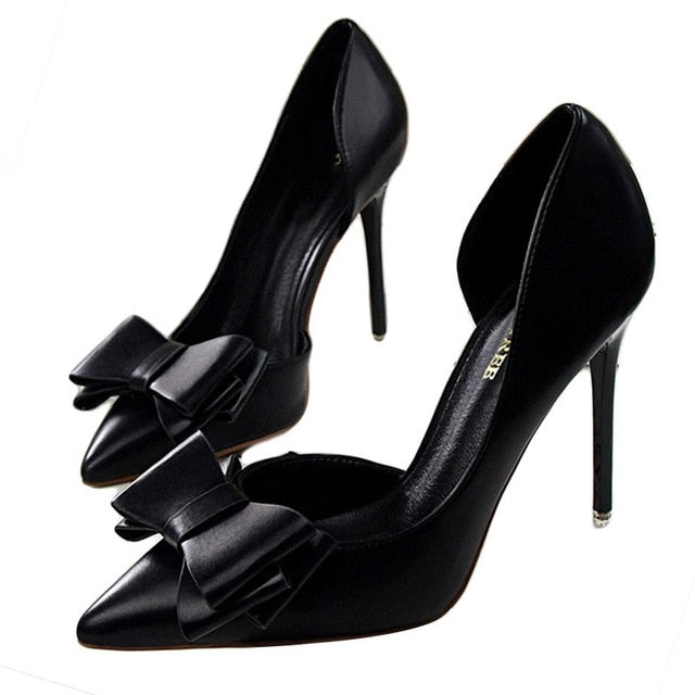 Fashion delicate sweet bowknot high heel shoes side hollow pointed Stiletto Heels Shoes women pumps