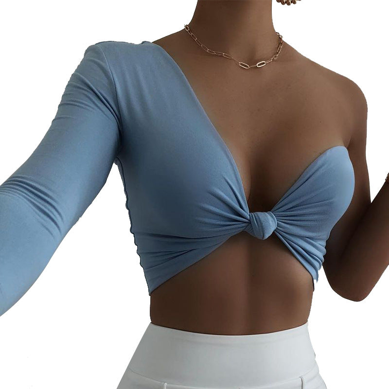 Solid Color Sexy Irregular One Shoulder Sleeve Slim Fit Wrap Top T-Shirt