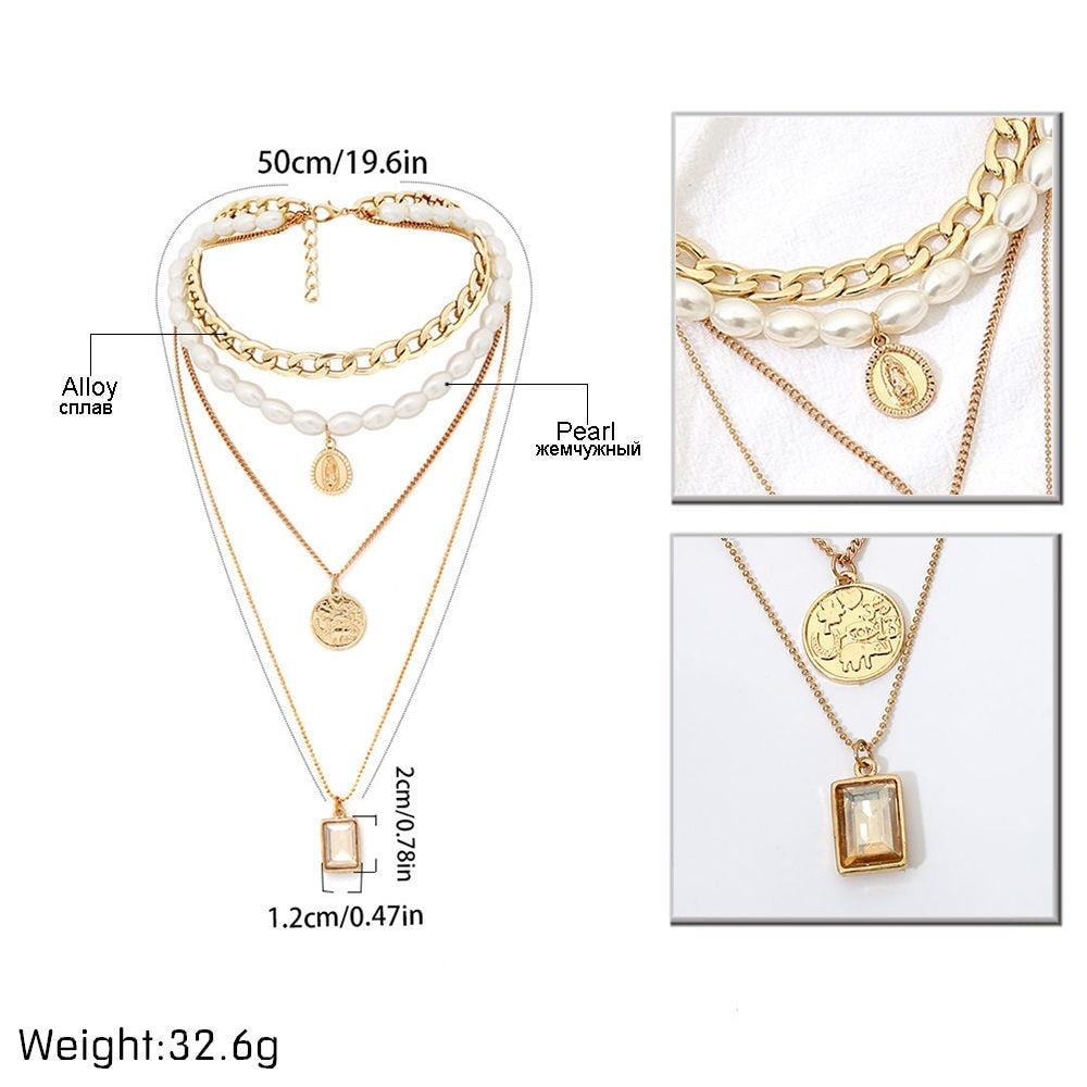 Punk Multi Layered Pearl Choker Necklace Collar Statement Virgin Mary Coin Crystal Pendant Necklace Women Jewelry