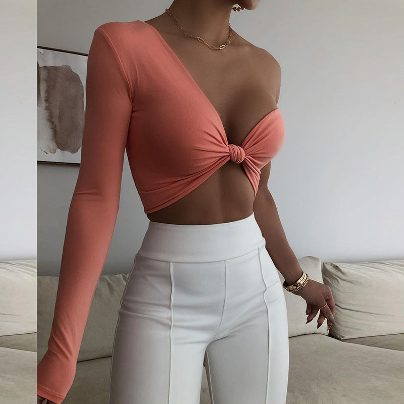 Solid Color Sexy Irregular One Shoulder Sleeve Slim Fit Wrap Top T-Shirt
