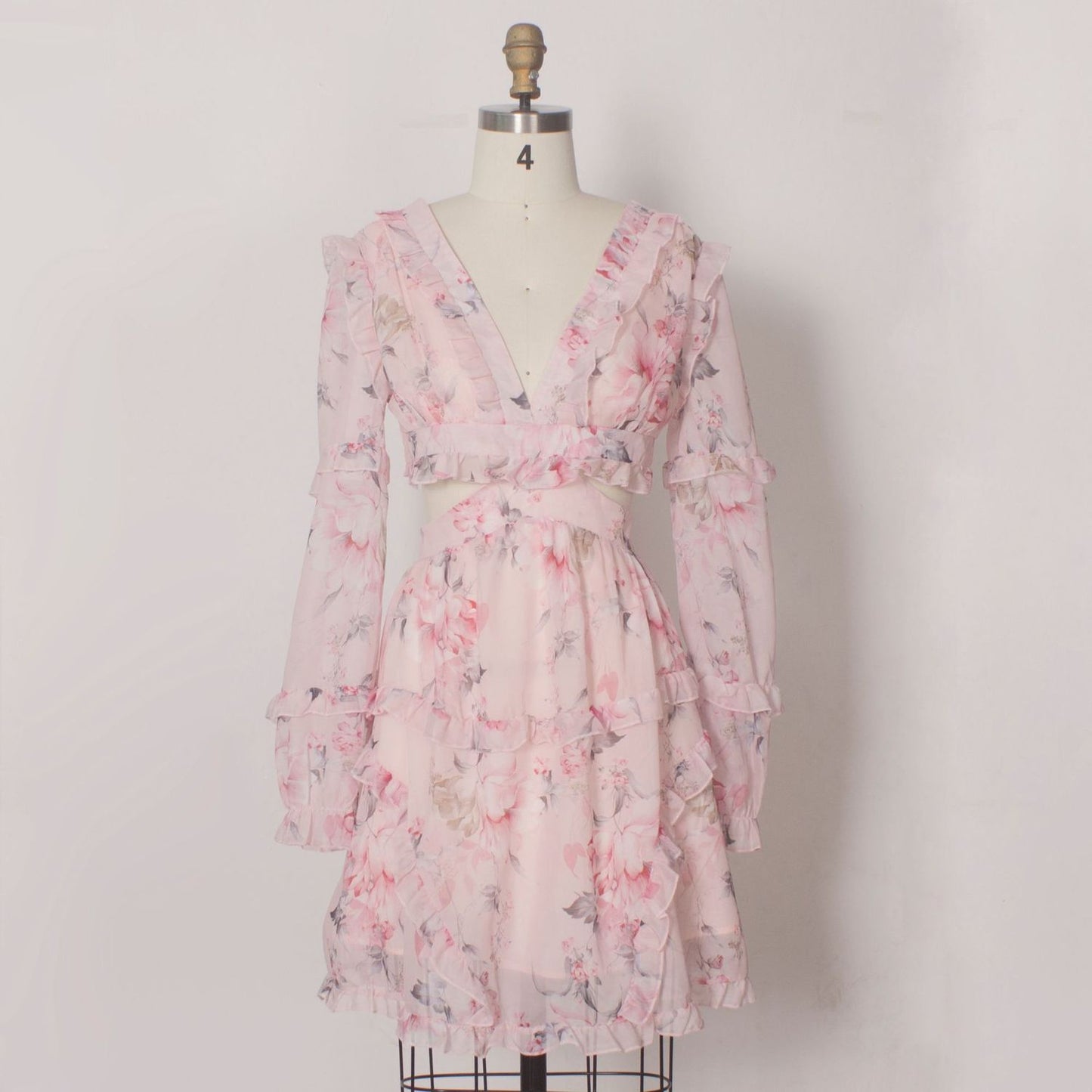 Spring Long Sleeve V Neck Pink Floral Print Hollow Out Ruffled Knee Length Chiffon Dress