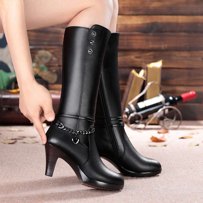 Woman Boots High-heeled Genuine Leather Motorcycle Boots Thick Wool Warm Winter Boots