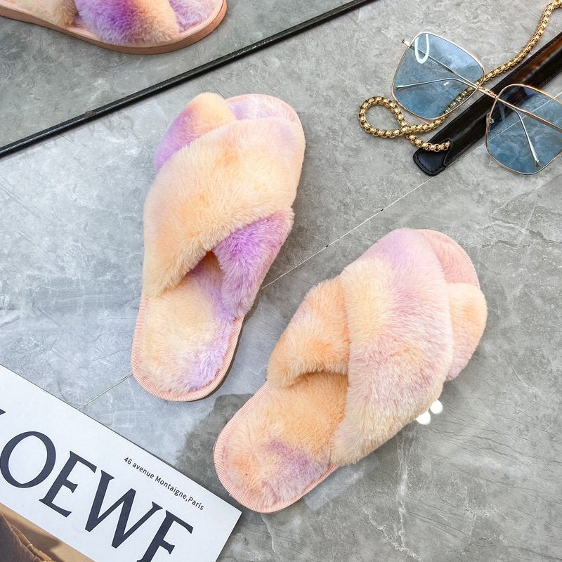 Autumn/Winter New Style Colorful Plush Slippers Cross Strap Soft Plush Flat-Bottomed Large Size Home Cotton Slippers Women's Shoes
