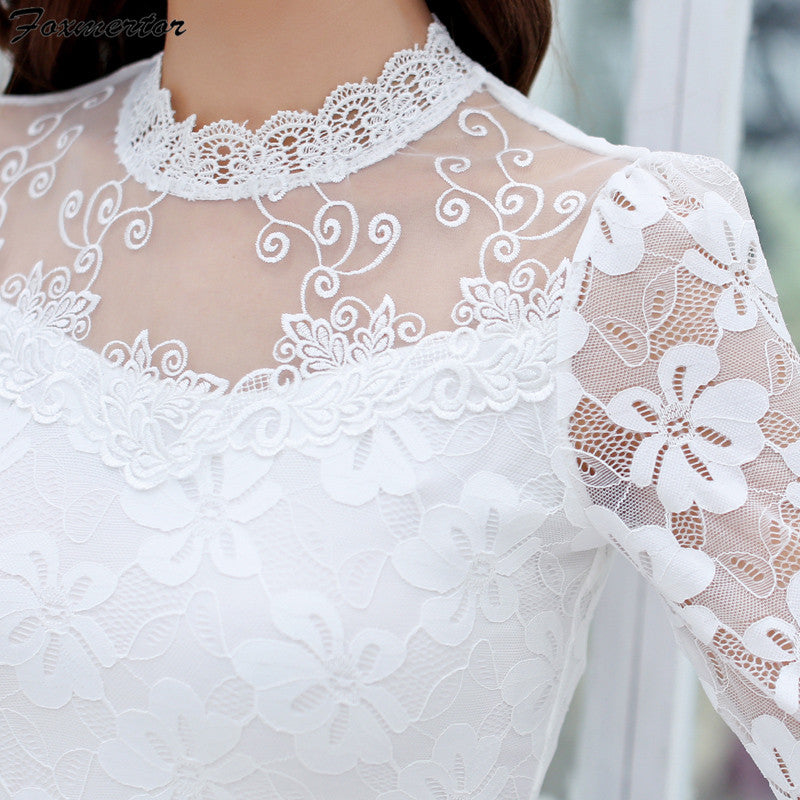 Blouses Spring Autumn Fashion Sexy Slim Shirt Tops Lace Long Sleeve O-Neck Leisure