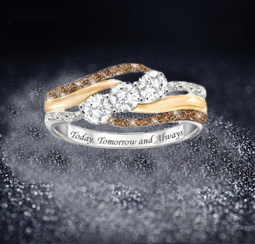 Europe and America Hot Sale Fashionable Personalized Letter Set Crystal Two-Tone Women's Wedding Ring