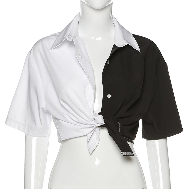 Black White Patchwork T Shirt Women Tops Spring New Casual Street Short Sleeves Lapel Simple Tees Femme Outfits