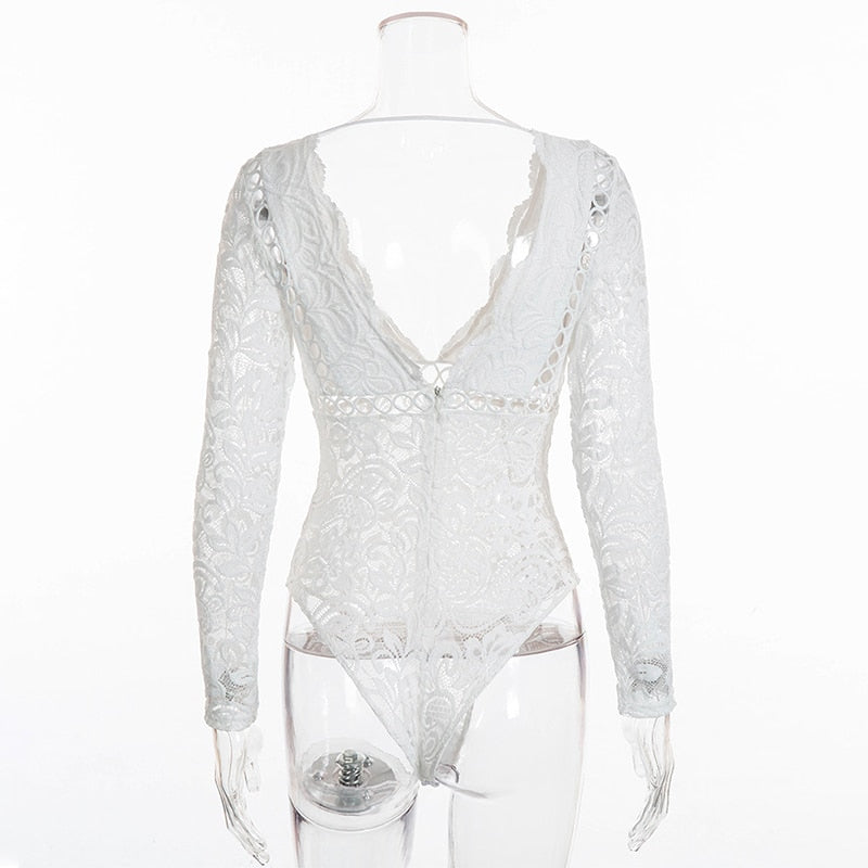 Bodysuit Women Long Sleeve Sexy Deep V Neck Scalloped Backless White Lace Bodysuit Body Women One Piece Bodycon Tops