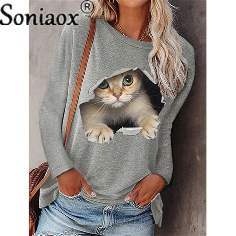Women Long Sleeve Casual T-Shirt New Autumn O-Neck Printed Loose Tops Cartoons Funny Cats T-Shirt Fashion Lady Streetwear