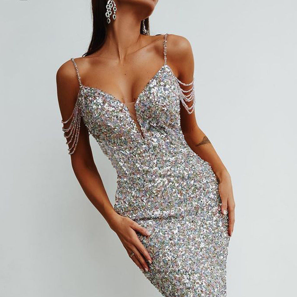 The new summer 2022 Europe and the United States halter V-neck colorful sequins fashion hot girls wear a dress with irregular hips