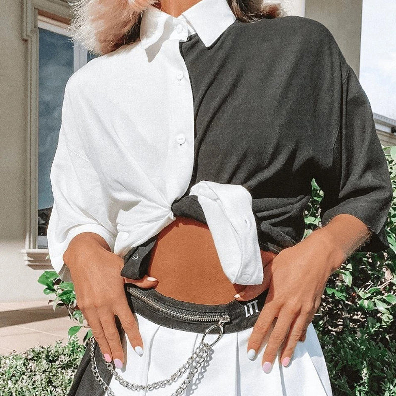 Black White Patchwork T Shirt Women Tops Spring New Casual Street Short Sleeves Lapel Simple Tees Femme Outfits