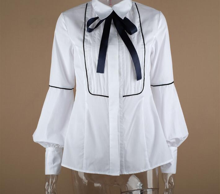 Office Bow Tie Blouse Women Lantern Sleeve White Button Necktie Shirts Female Elegant Work Shirt Casual Tops New Spring