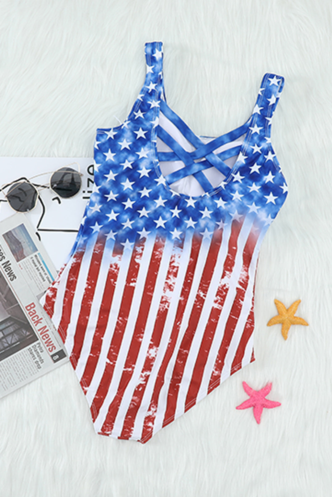 Flag Print Stars and Stripes Criss Cross Back One Piece Swimsuit