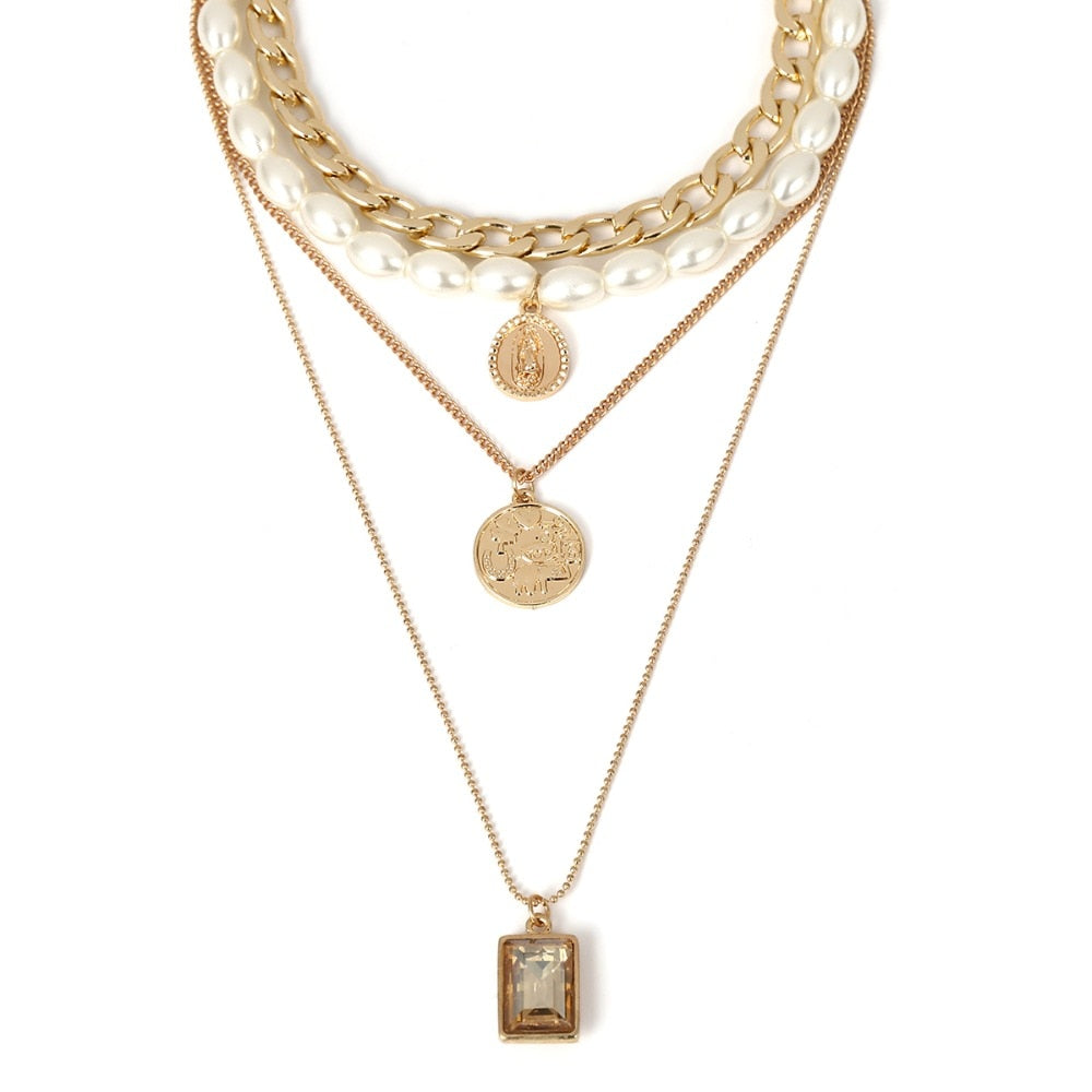 Punk Multi Layered Pearl Choker Necklace Collar Statement Virgin Mary Coin Crystal Pendant Necklace Women Jewelry