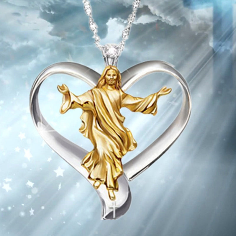 Heart Jesus Necklaces Gold and Silver Two-tone Clear Round Zirconia Alloy Pendant Necklace Woman Wedding Enagement Jewelry Gifts