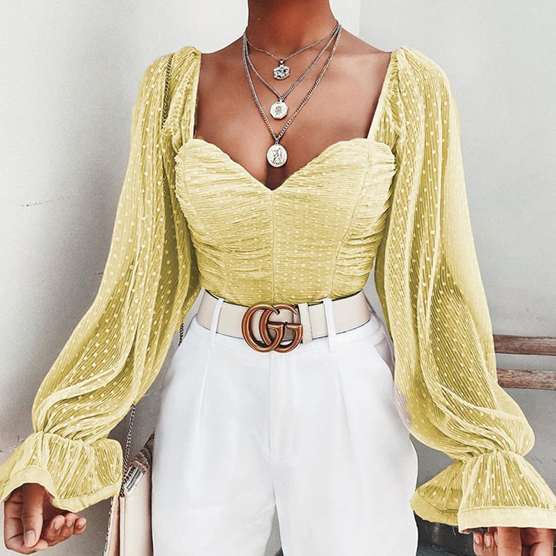 NewAsia Polka Dot Blouse Women Mesh Shirts Pink Tops Sweetheart Neckline Lantern Sleeve Ruched Blouse White Blusas Vintage Shirt