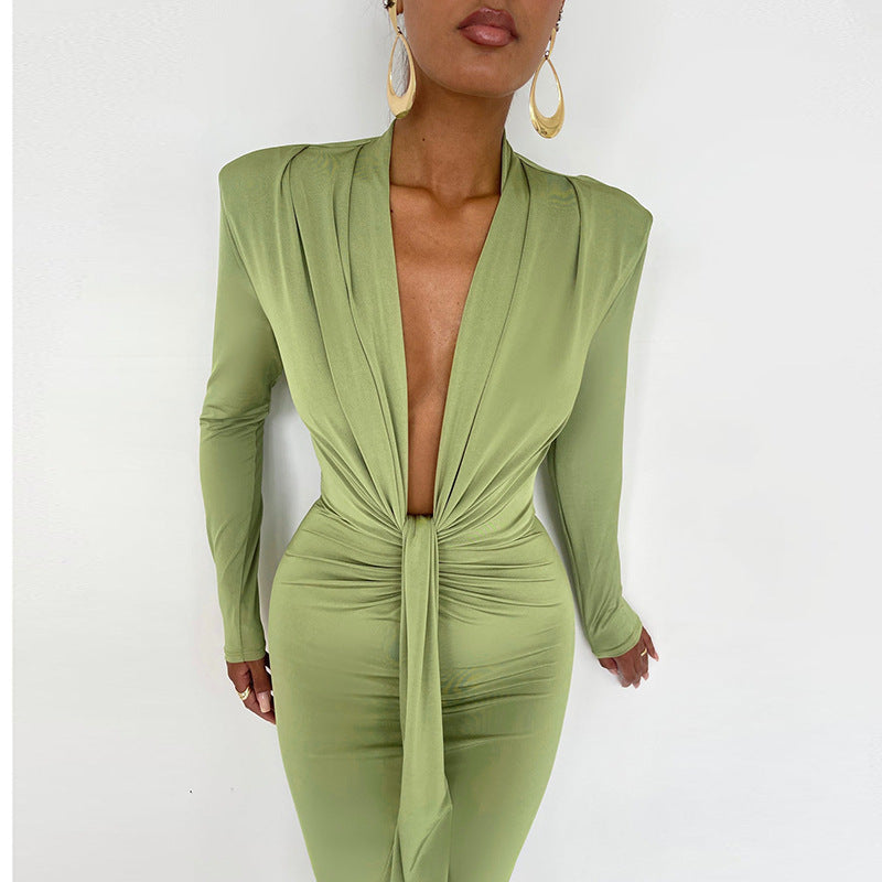 JY22394 knitted V-neck, pleated shoulder pads, slit Maxi skirt, European and American autumn sexy commuter dress