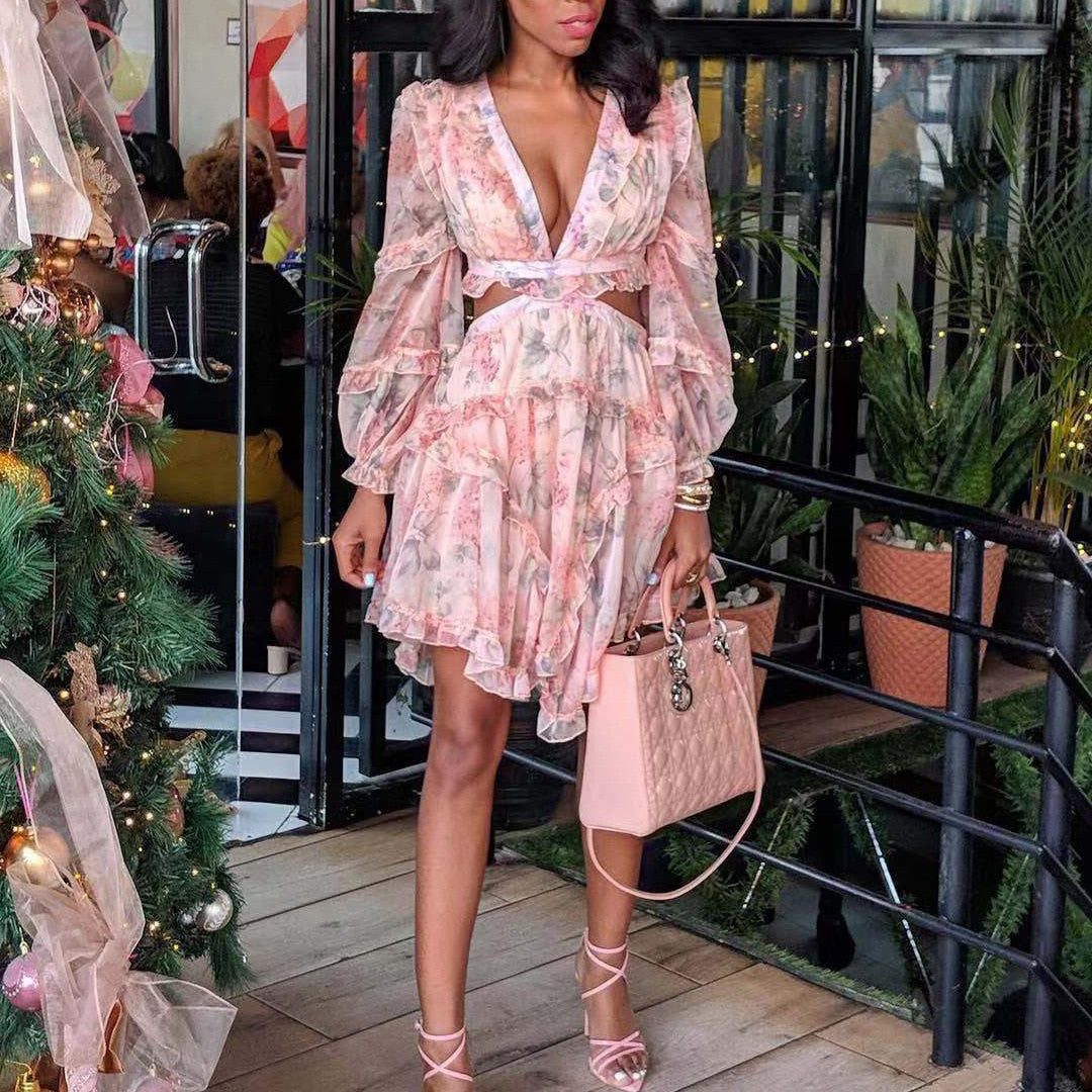 Spring Long Sleeve V Neck Pink Floral Print Hollow Out Ruffled Knee Length Chiffon Dress