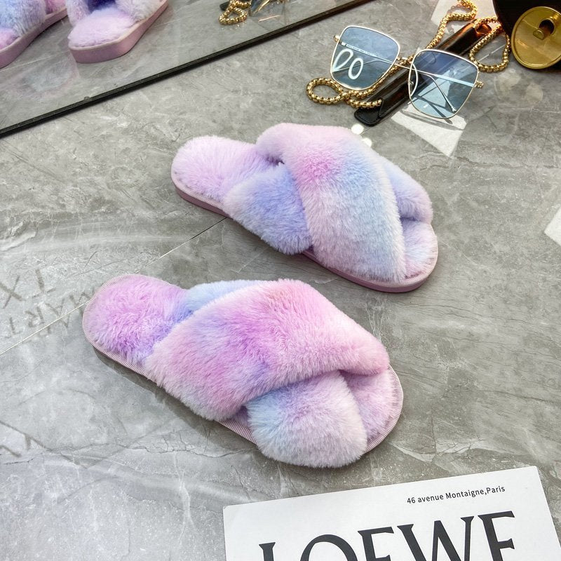 Autumn/Winter New Style Colorful Plush Slippers Cross Strap Soft Plush Flat-Bottomed Large Size Home Cotton Slippers Women's Shoes