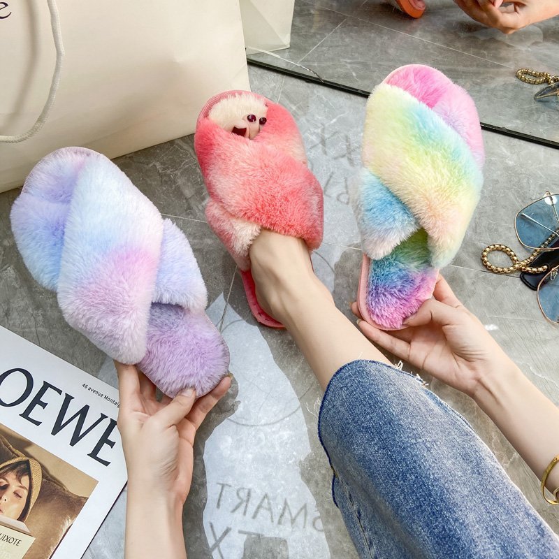 Autumn/Winter New Style Colorful Plush Slippers Cross Strap Soft Plush Flat-Bottomed Large Size Home Cotton Slippers Women's Shoes