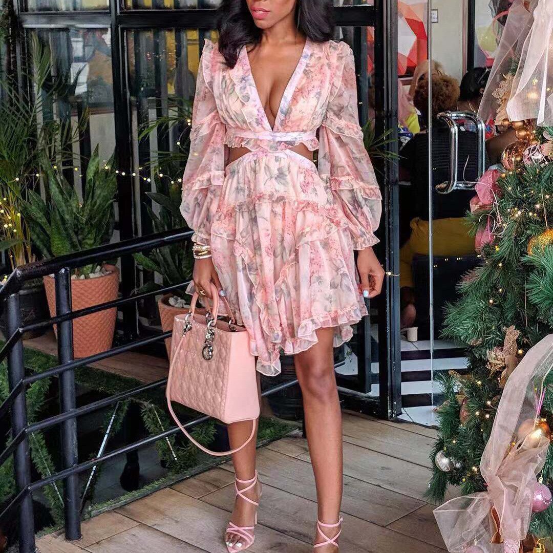 Spring Long Sleeve V Neck Pink Floral Print Hollow Out Ruffled Knee Length Chiffon Dress