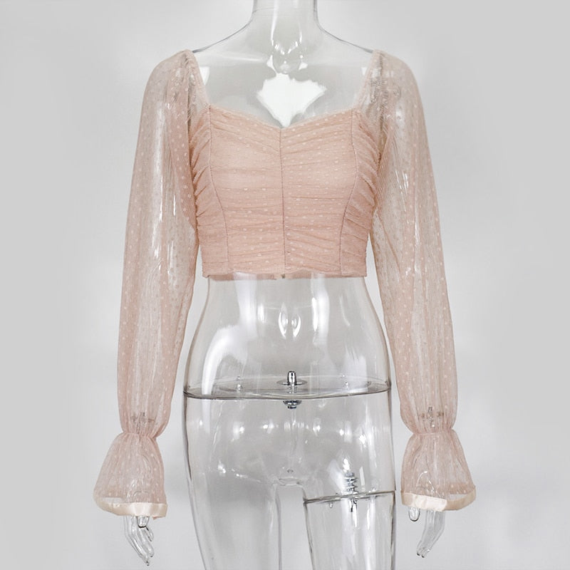 NewAsia Polka Dot Blouse Women Mesh Shirts Pink Tops Sweetheart Neckline Lantern Sleeve Ruched Blouse White Blusas Vintage Shirt