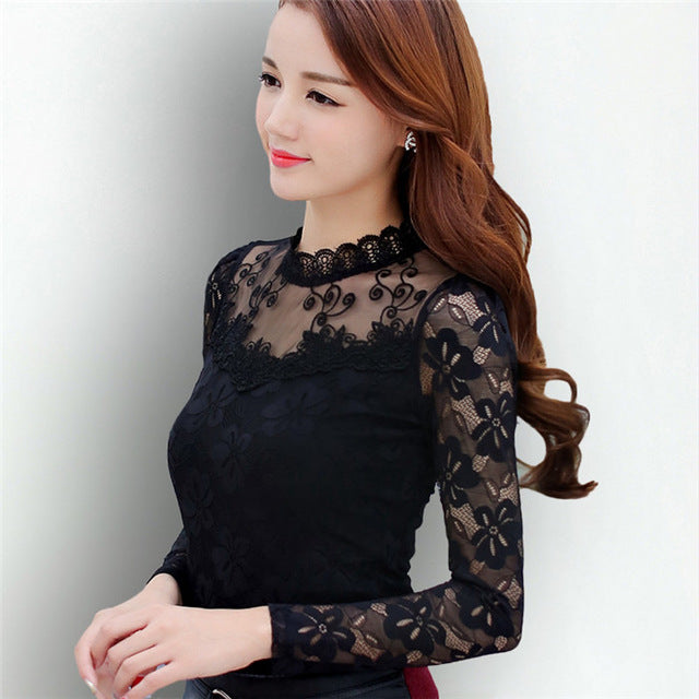 Blouses Spring Autumn Fashion Sexy Slim Shirt Tops Lace Long Sleeve O-Neck Leisure
