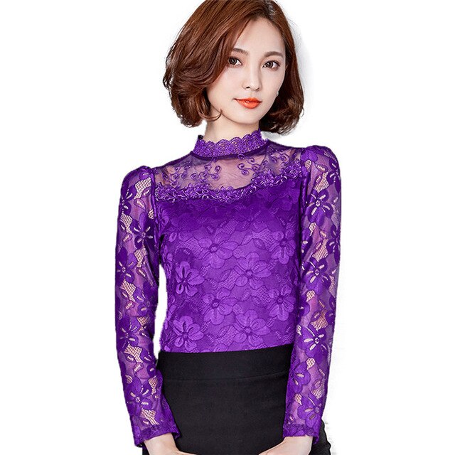Blouses Spring Autumn Fashion Sexy Slim Shirt Tops Lace Long Sleeve O-Neck Leisure