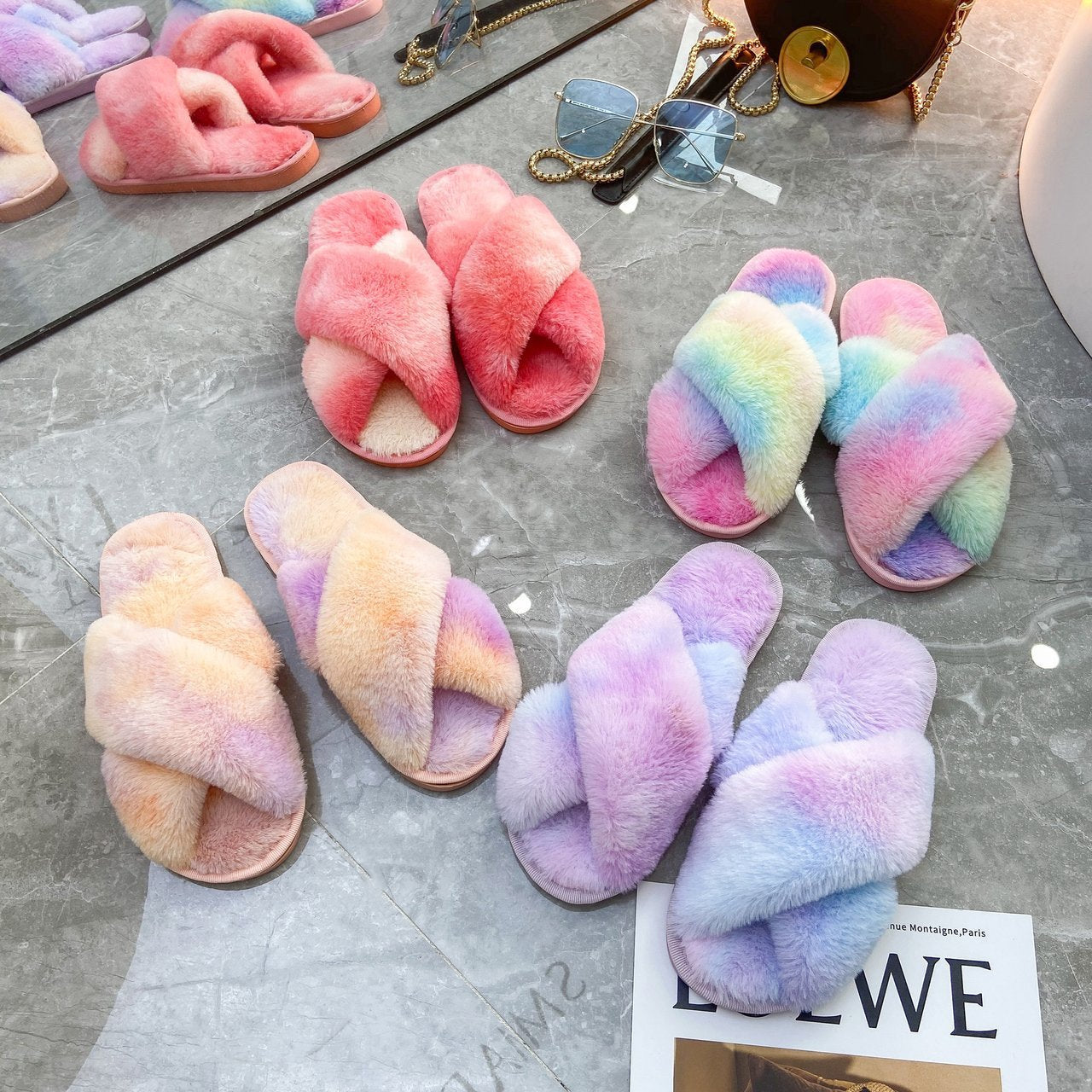 Autumn/Winter New Style Colorful Plush Slippers Cross Strap Soft Plush Flat-Bottomed Large Size Home Cotton Slippers Women's Shoes