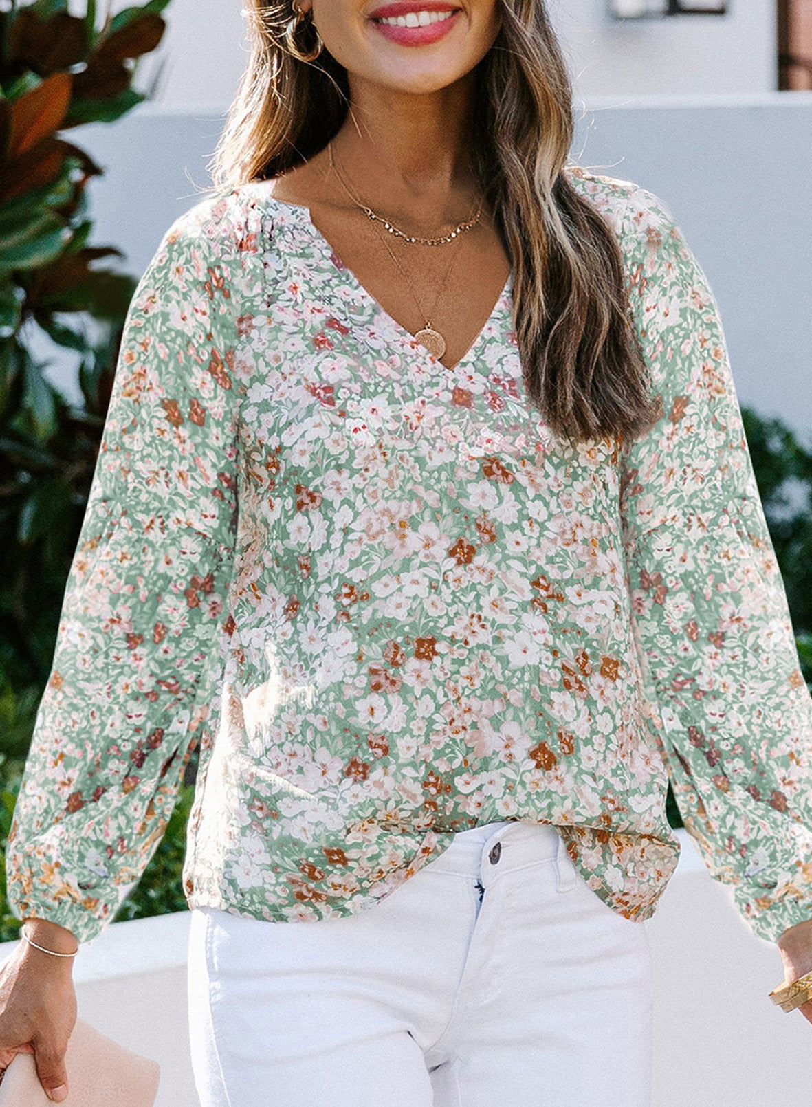 Women's Spring And Summer New V-Neck Lantern Sleeves Floral Chiffon Shirt Top With Lining