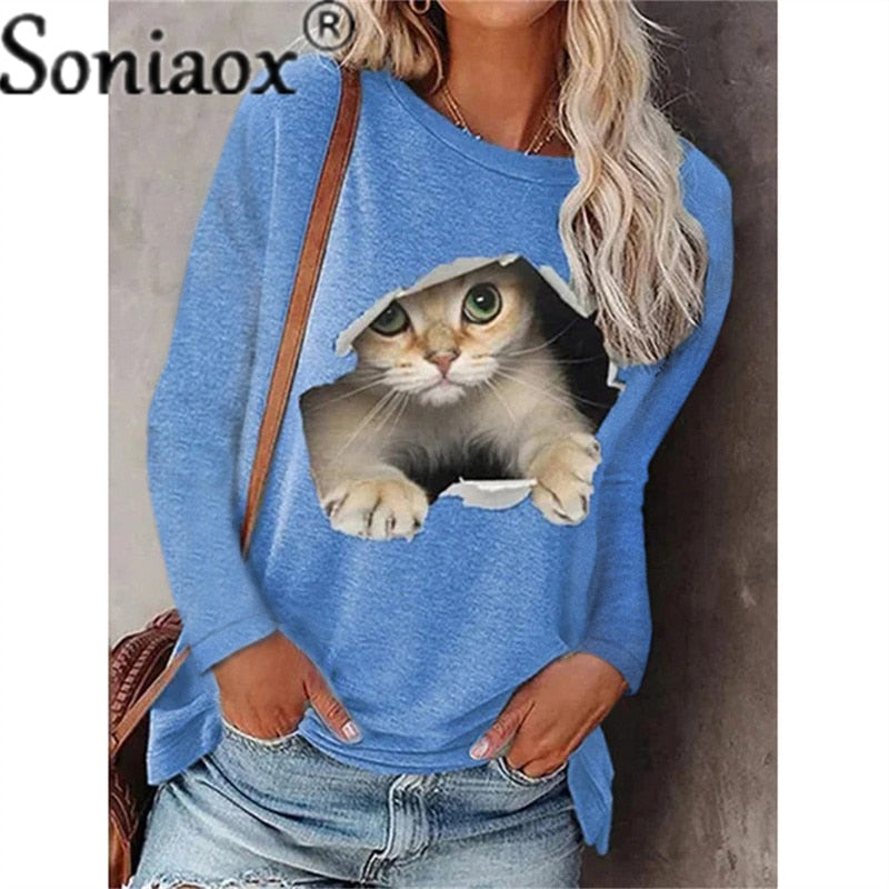 Women Long Sleeve Casual T-Shirt New Autumn O-Neck Printed Loose Tops Cartoons Funny Cats T-Shirt Fashion Lady Streetwear