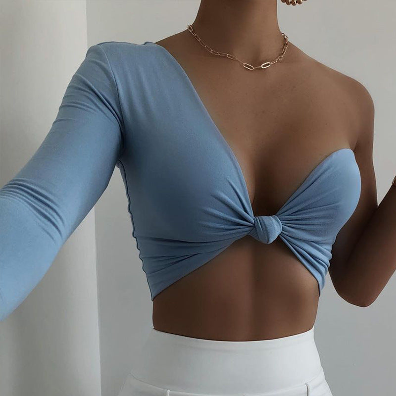 Solid Color Sexy Irregular One Shoulder Sleeve Slim Fit Wrap Top T-Shirt