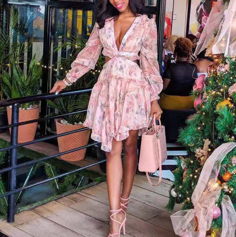 Spring Long Sleeve V Neck Pink Floral Print Hollow Out Ruffled Knee Length Chiffon Dress