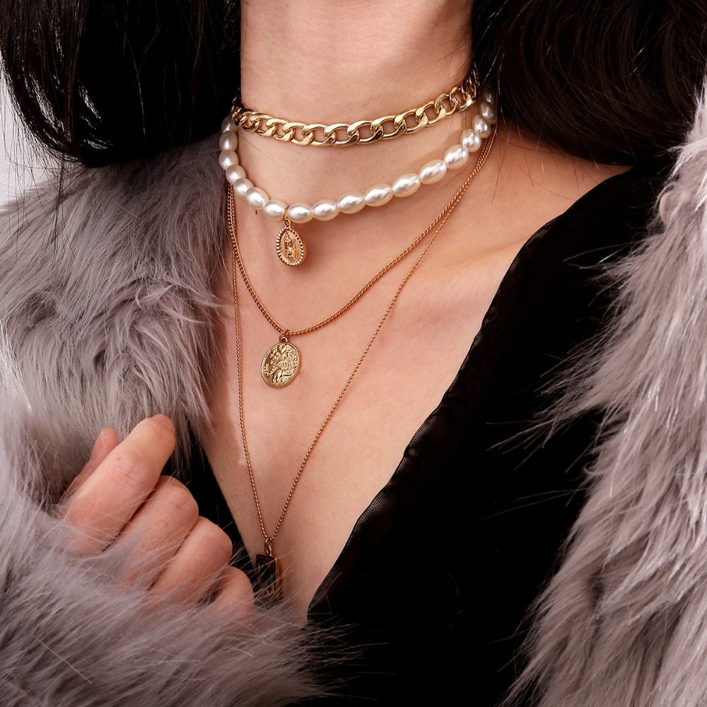 Punk Multi Layered Pearl Choker Necklace Collar Statement Virgin Mary Coin Crystal Pendant Necklace Women Jewelry