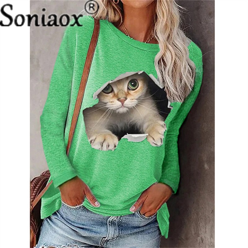 Women Long Sleeve Casual T-Shirt New Autumn O-Neck Printed Loose Tops Cartoons Funny Cats T-Shirt Fashion Lady Streetwear