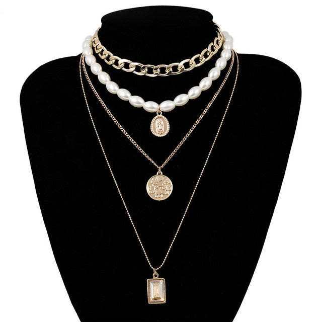 Punk Multi Layered Pearl Choker Necklace Collar Statement Virgin Mary Coin Crystal Pendant Necklace Women Jewelry