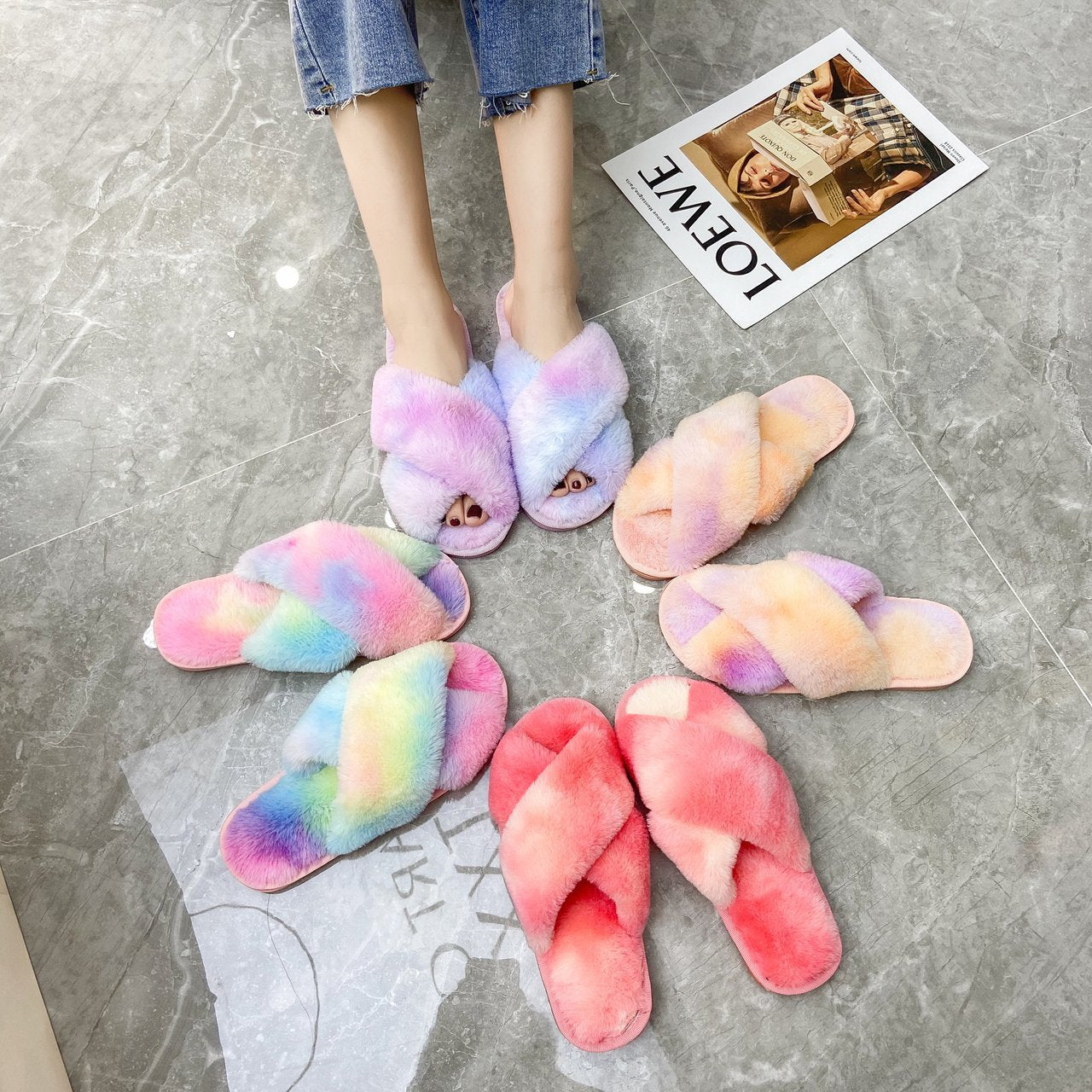 Autumn/Winter New Style Colorful Plush Slippers Cross Strap Soft Plush Flat-Bottomed Large Size Home Cotton Slippers Women's Shoes