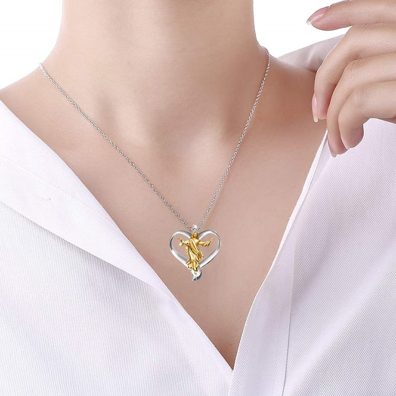 Heart Jesus Necklaces Gold and Silver Two-tone Clear Round Zirconia Alloy Pendant Necklace Woman Wedding Enagement Jewelry Gifts