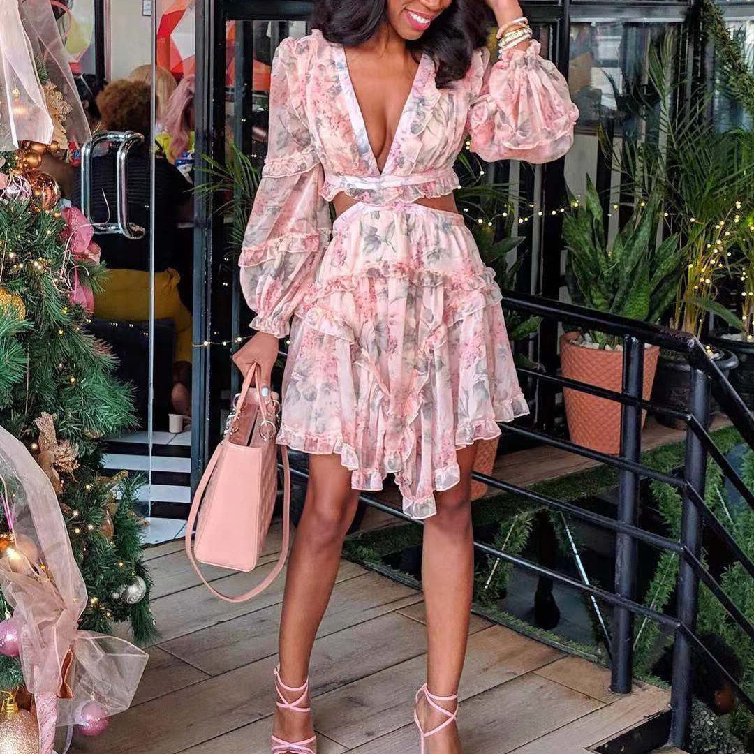 Spring Long Sleeve V Neck Pink Floral Print Hollow Out Ruffled Knee Length Chiffon Dress