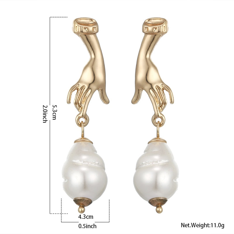 Golden Wealth Palm Finger Dangle Drop Earrings Unique Imitation Pearl Metal Earrings
