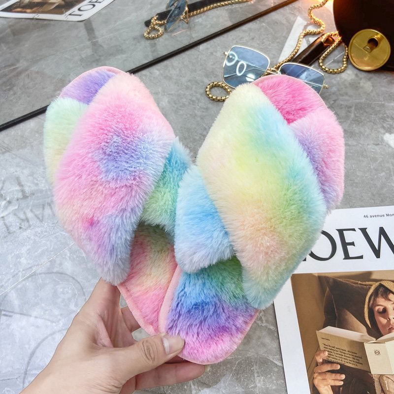 Autumn/Winter New Style Colorful Plush Slippers Cross Strap Soft Plush Flat-Bottomed Large Size Home Cotton Slippers Women's Shoes
