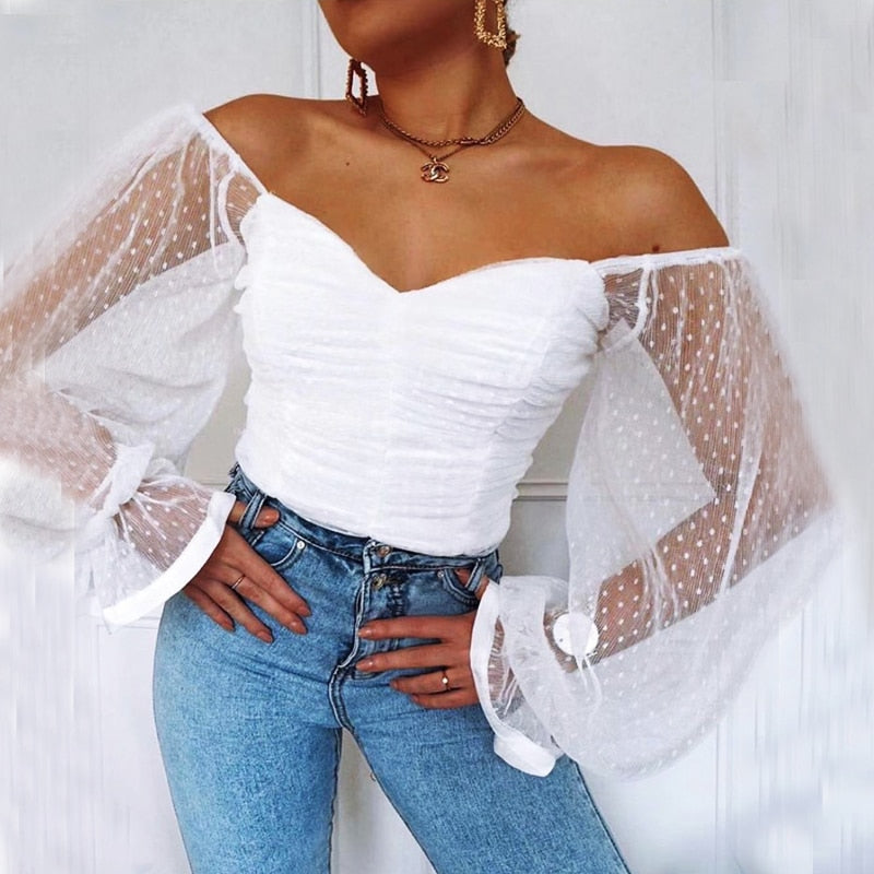 NewAsia Polka Dot Blouse Women Mesh Shirts Pink Tops Sweetheart Neckline Lantern Sleeve Ruched Blouse White Blusas Vintage Shirt